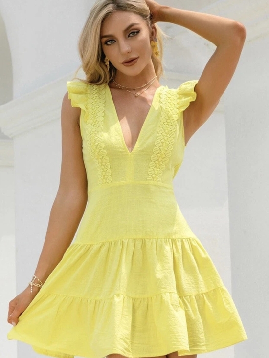Double Crazy Dresses & Skirts - Double Crazy Yellow Ruffle Sleeve V-Neck Sundress Medium